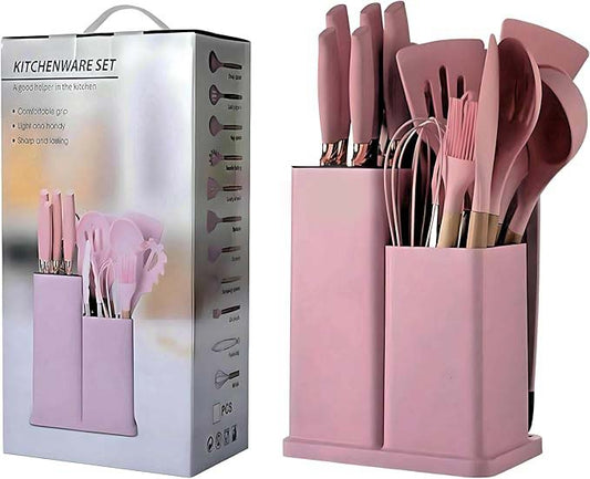 19-Piece Silicone Cooking Utensils & Knife Set | Includes Utensils, Knives, Cutting Board & Block | Stylish Pink Design