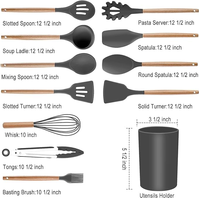 19-Piece Silicone Cooking Utensils & Knife Set | Grey Kitchen Tools with Knives, Cutting Board, & Storage Block