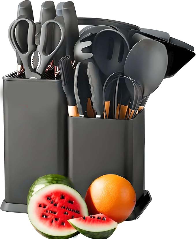 19-Piece Silicone Cooking Utensils & Knife Set | Black Kitchen Tools with Knives, Cutting Board, & Storage Block