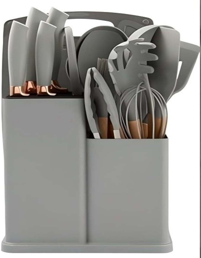19-Piece Silicone Cooking Utensils & Knife Set | Grey Kitchen Tools with Knives, Cutting Board, & Storage Block