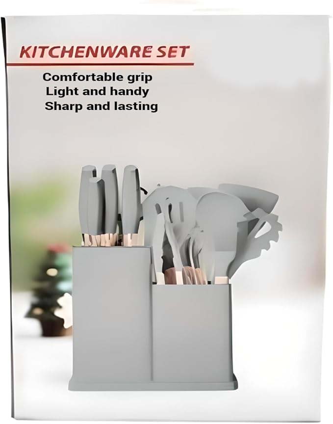 19-Piece Silicone Cooking Utensils & Knife Set | Grey Kitchen Tools with Knives, Cutting Board, & Storage Block