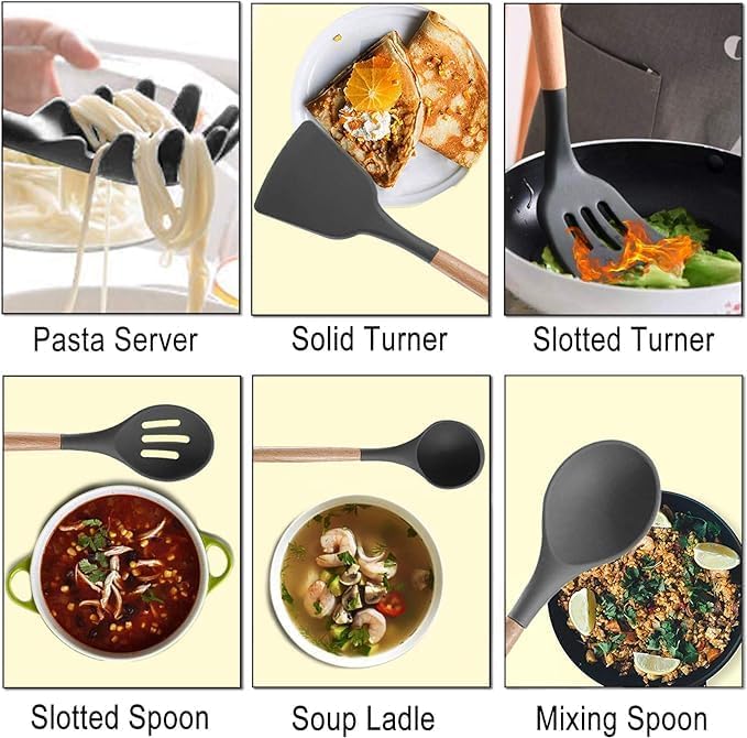 19-Piece Silicone Cooking Utensils & Knife Set | Grey Kitchen Tools with Knives, Cutting Board, & Storage Block