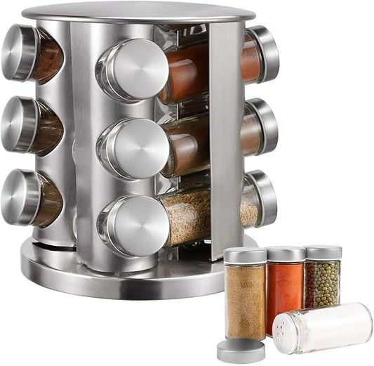 12-Piece Glass Spice Jar Set – Rotating Stainless Steel Spice Rack with 120ml Round Jars for Kitchen Organization